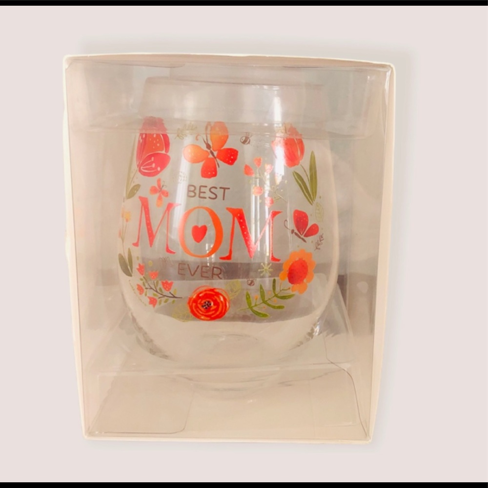 Prima Design Acrylic Stemless Wine Glass Floral "Best Mom Ever" NIB